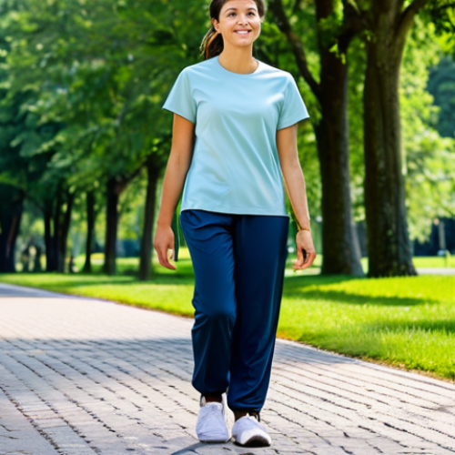 A person walking briskly on a paved path in a beautiful, sunny park. The person is wearing modest, comfortable athletic clothing, like a t-shirt and track pants. They have a calm, thoughtful expression, embodying health and proactive self-care. The background features lush green trees and a clear blue sky. fully clothed, modest clothing, appropriate attire, family-friendly, safe for work, appropriate content, perfect anatomy, correct proportions, natural pose, well-formed hands, proper finger count, natural body proportions, professional photography, high resolution.