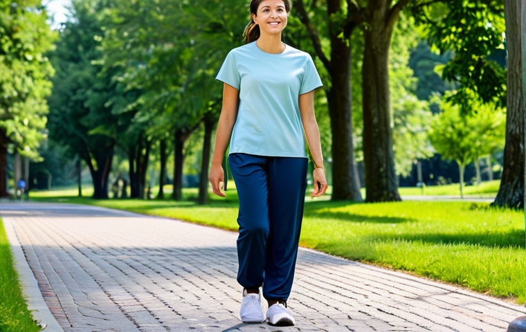 A person walking briskly on a paved path in a beautiful, sunny park. The person is wearing modest, comfortable athletic clothing, like a t-shirt and track pants. They have a calm, thoughtful expression, embodying health and proactive self-care. The background features lush green trees and a clear blue sky. fully clothed, modest clothing, appropriate attire, family-friendly, safe for work, appropriate content, perfect anatomy, correct proportions, natural pose, well-formed hands, proper finger count, natural body proportions, professional photography, high resolution.