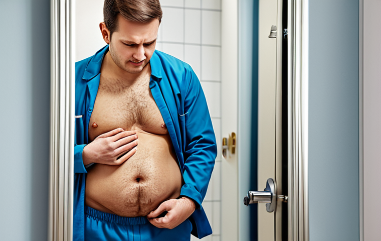 Self-Check for Hernia**

"A person standing in front of a mirror, examining their abdomen for signs of a hernia, fully clothed in comfortable clothing, bathroom setting, safe for work, appropriate content, perfect anatomy, natural proportions, family-friendly, medical illustration style."

**