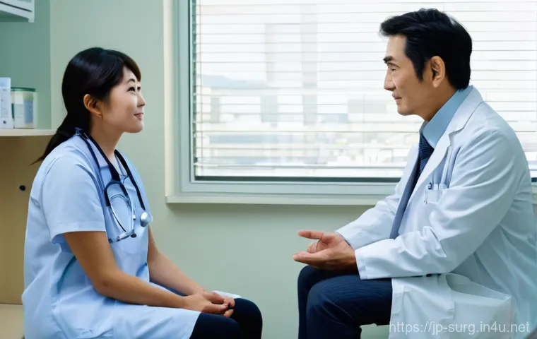 소화기 외과 전문의 추천 - **Prompt 1: Reassuring Consultation**
A heartfelt scene in a bright, modern Japanese clinic cons...