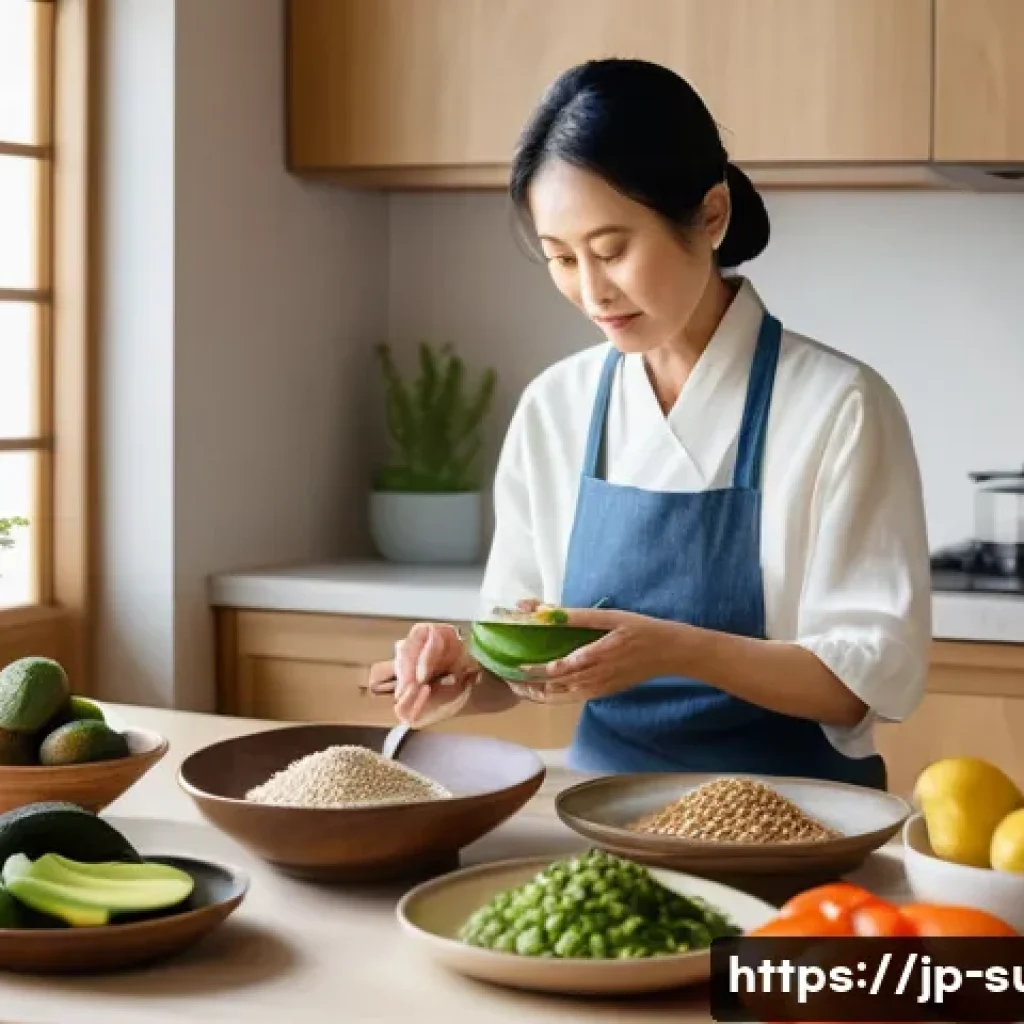 담석증 자연 치료법 - A serene Japanese-style kitchen scene featuring a middle-aged Japanese woman thoughtfully preparing ...