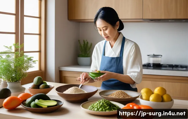 담석증 자연 치료법 - A serene Japanese-style kitchen scene featuring a middle-aged Japanese woman thoughtfully preparing ...