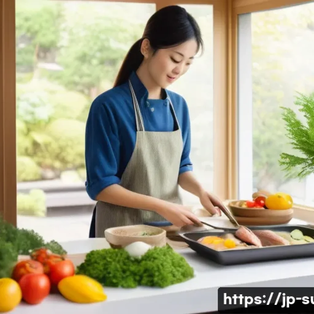 담석증 자가 관리 방법 - A modern Japanese kitchen scene with a young adult preparing a healthy meal using olive oil and flax...