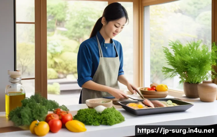 담석증 자가 관리 방법 - A modern Japanese kitchen scene with a young adult preparing a healthy meal using olive oil and flax...