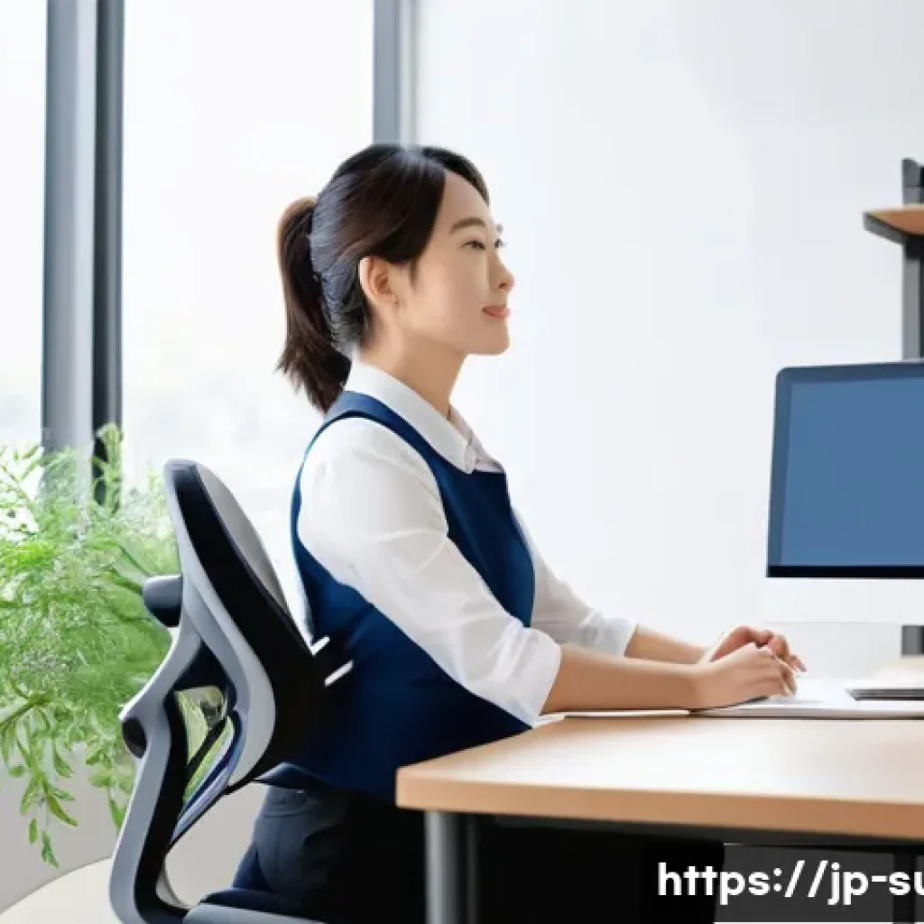 치질 예방과 관리법 - A modern Japanese office setting with a young Japanese woman in business casual attire sitting at a ...