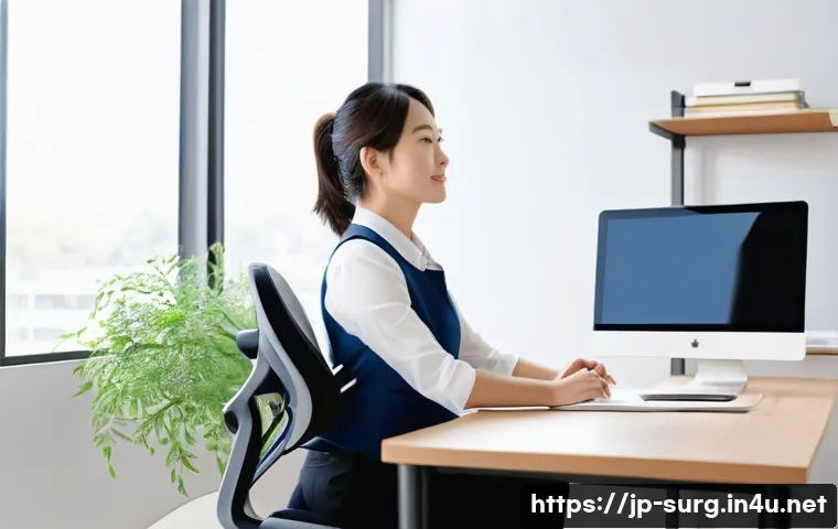 치질 예방과 관리법 - A modern Japanese office setting with a young Japanese woman in business casual attire sitting at a ...
