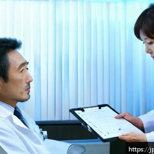 갑상선 종양 제거 비용 - A detailed medical scene showing a Japanese hospital room where a middle-aged Japanese patient, full...