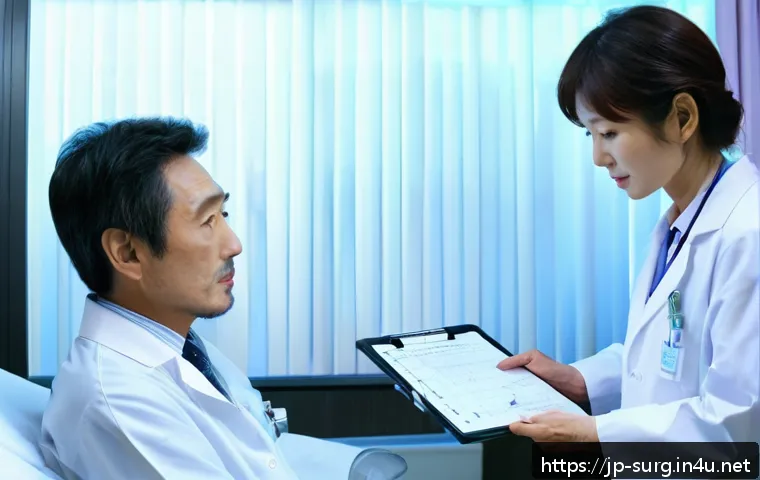 갑상선 종양 제거 비용 - A detailed medical scene showing a Japanese hospital room where a middle-aged Japanese patient, full...