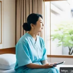 갑상선 수술 부작용 - A serene, modern Japanese hospital room scene showing a middle-aged Japanese woman resting peacefull...
