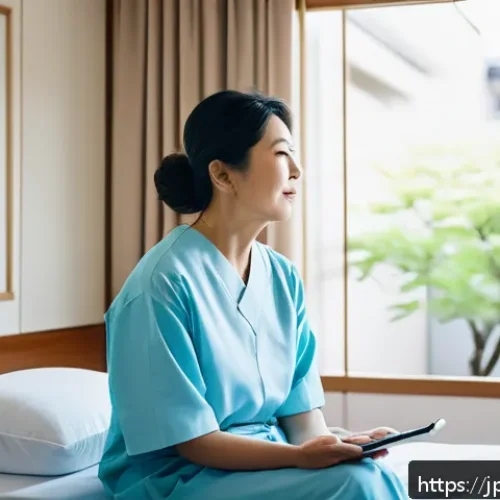 갑상선 수술 부작용 - A serene, modern Japanese hospital room scene showing a middle-aged Japanese woman resting peacefull...