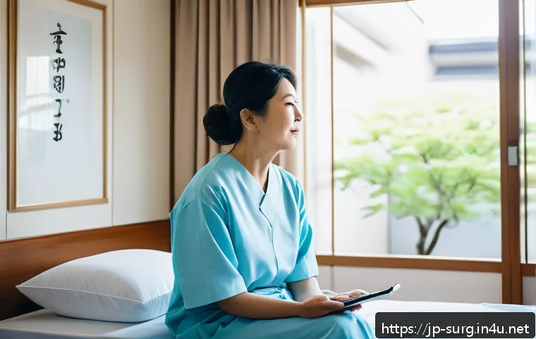 갑상선 수술 부작용 - A serene, modern Japanese hospital room scene showing a middle-aged Japanese woman resting peacefull...