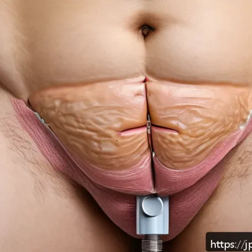 복강경 수술 흉터 사진 - A close-up, highly detailed medical illustration of a patient&rsquo;s lower abdomen showing multiple small...
