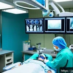 탈장 치료 최신 기술 - A modern hospital operating room scene showing a skilled surgeon performing minimally invasive lapar...