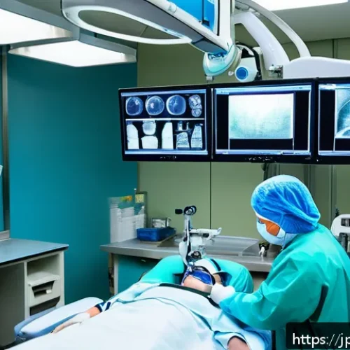 탈장 치료 최신 기술 - A modern hospital operating room scene showing a skilled surgeon performing minimally invasive lapar...