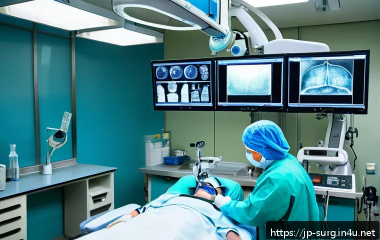 탈장 치료 최신 기술 - A modern hospital operating room scene showing a skilled surgeon performing minimally invasive lapar...