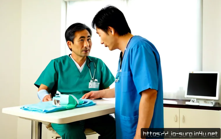 탈장 수술 후기 모음 - Photorealistic hospital consultation scene, a middle-aged Japanese man in casual clothes speaking wi...
